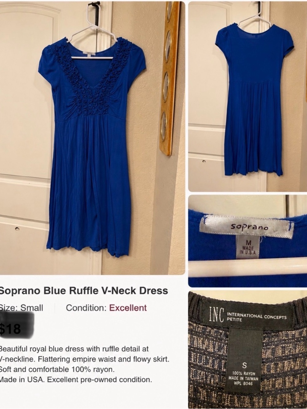 INC International Concepts Royal Blue Short Sleeve V‑Neck Ruffle Dress